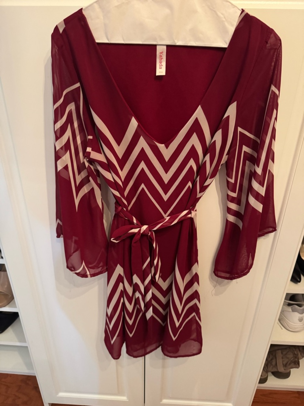 Yahada Burgundy and White Chevron Wrap Mini Dress